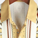 Button-Up Shirt with Retro 1970s Aztec Print and Vertical Stripes