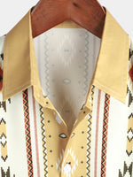 Button-Up Shirt with Retro 1970s Aztec Print and Vertical Stripes