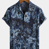 Shirt with Blue Vintage Floral Print, Short Sleeves