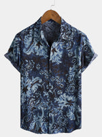 Shirt with Blue Vintage Floral Print, Short Sleeves