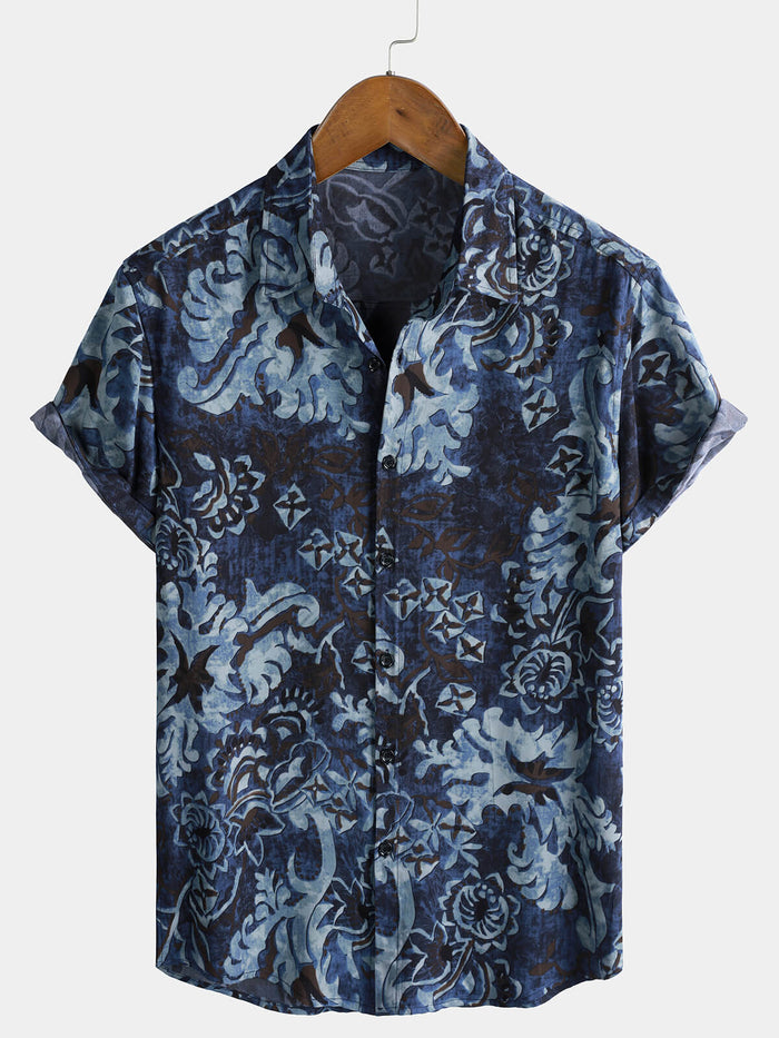 Shirt with Blue Vintage Floral Print, Short Sleeves