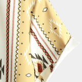 Button-Up Shirt with Retro 1970s Aztec Print and Vertical Stripes