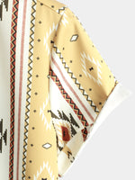 Button-Up Shirt with Retro 1970s Aztec Print and Vertical Stripes
