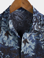 Shirt with Blue Vintage Floral Print, Short Sleeves