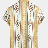 Button-Up Shirt with Retro 1970s Aztec Print and Vertical Stripes