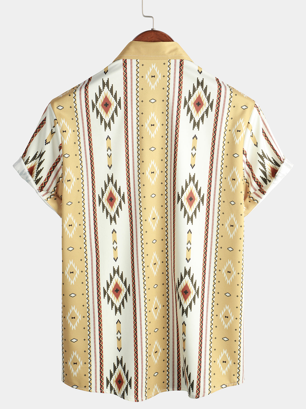 Button-Up Shirt with Retro 1970s Aztec Print and Vertical Stripes