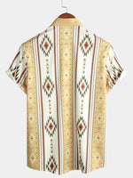 Button-Up Shirt with Retro 1970s Aztec Print and Vertical Stripes