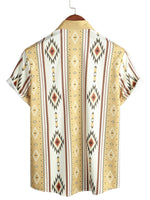 Men's Vintage Vertical Striped Shirt with Short Sleeve in Retro 70s Style with Aztec Pattern