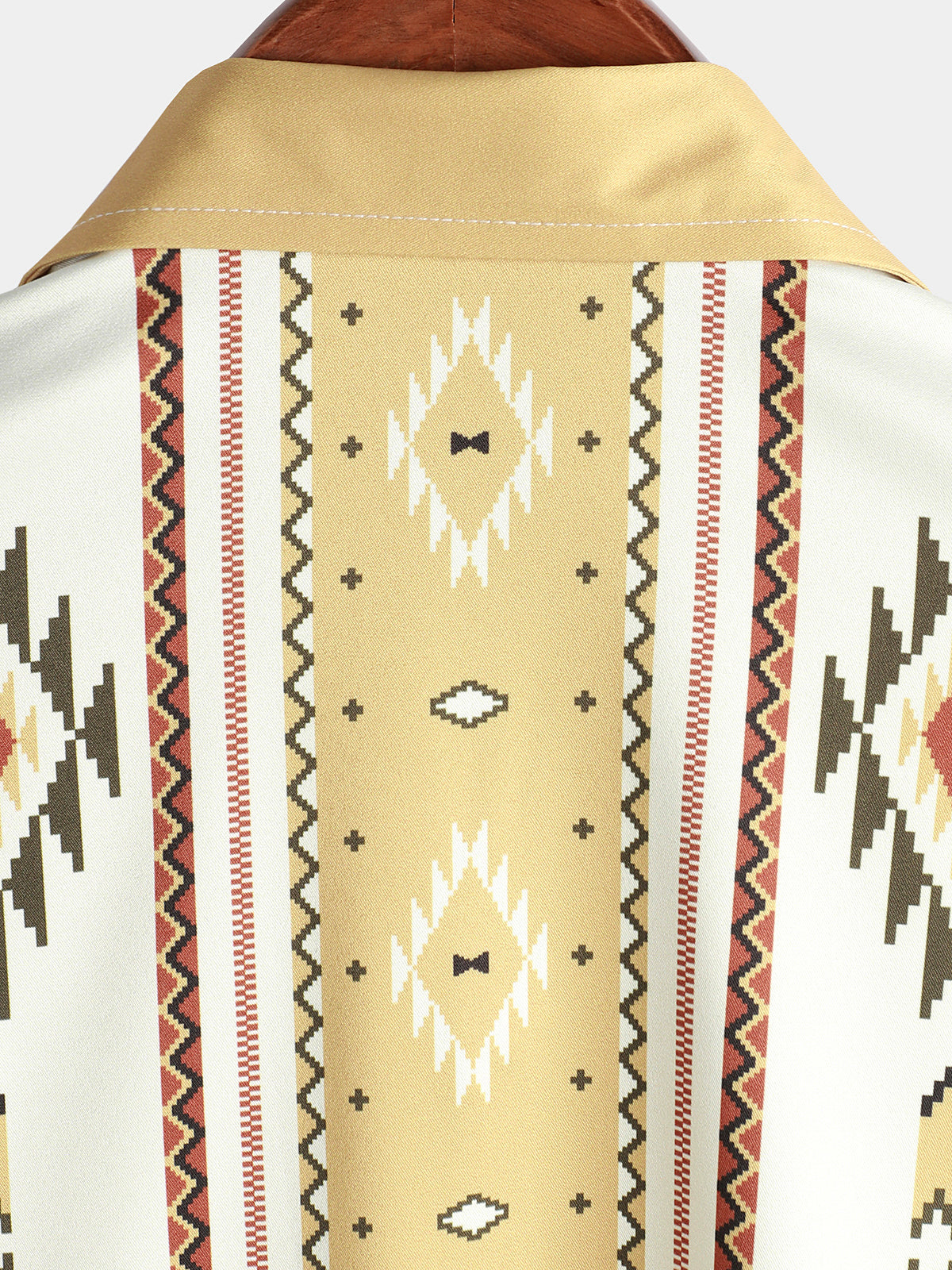 Button-Up Shirt with Retro 1970s Aztec Print and Vertical Stripes