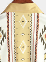 Button-Up Shirt with Retro 1970s Aztec Print and Vertical Stripes