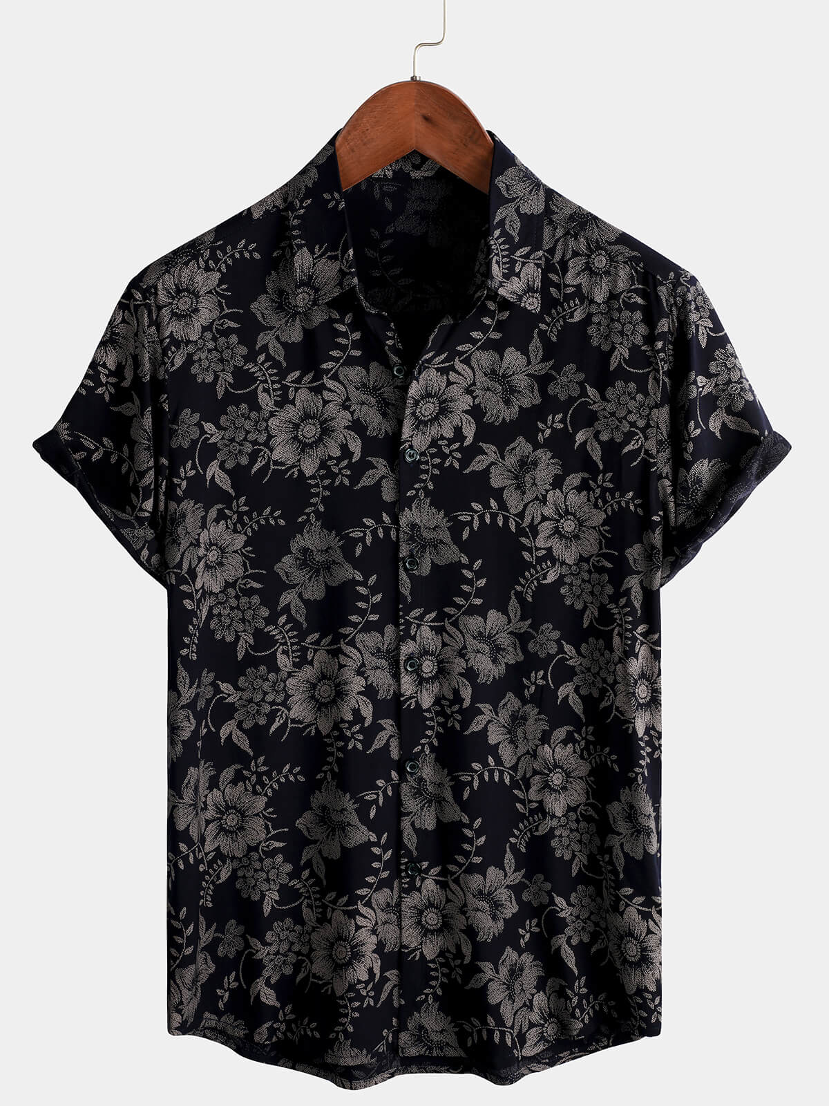 Short-Sleeve Hawaiian Navy Floral Print Shirt