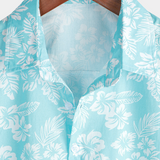 Button-Up Short Sleeve Shirt with Blue Hawaiian Flowers