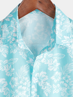 Button-Up Short Sleeve Shirt with Blue Hawaiian Flowers