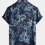 Shirt with Blue Vintage Floral Print, Short Sleeves