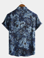 Shirt with Blue Vintage Floral Print, Short Sleeves
