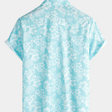 Button-Up Short Sleeve Shirt with Blue Hawaiian Flowers