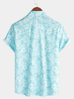 Button-Up Short Sleeve Shirt with Blue Hawaiian Flowers