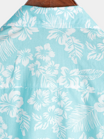 Button-Up Short Sleeve Shirt with Blue Hawaiian Flowers