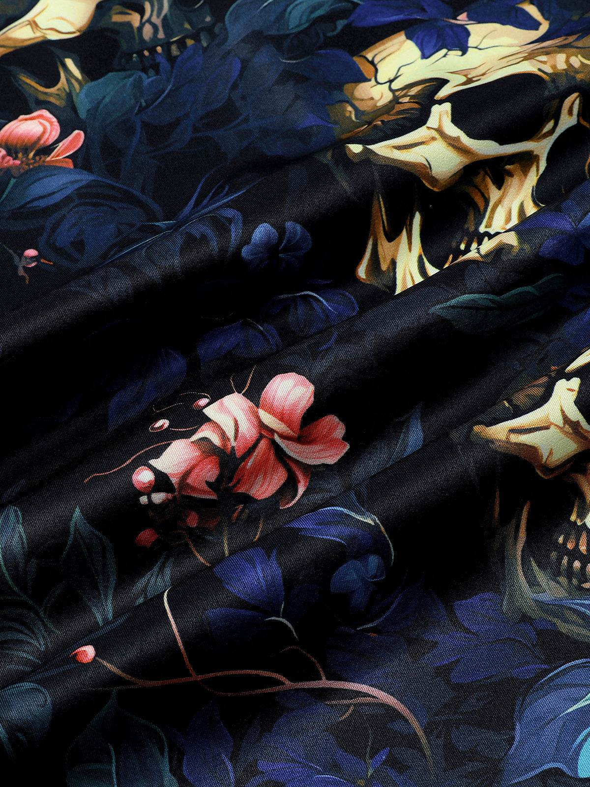 Gold Skull and Floral Print Punk Style Short Sleeve Shirt