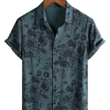 Men's Vintage Cotton Short-Sleeve Shirt with Blue Floral Pattern