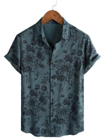 Men's Vintage Cotton Short-Sleeve Shirt with Blue Floral Pattern
