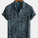 Vintage Blue Floral Vacation Style Short Sleeve Shirt