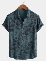Vintage Blue Floral Vacation Style Short Sleeve Shirt