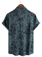 Men's Vintage Cotton Short-Sleeve Shirt with Blue Floral Pattern