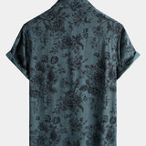 Vintage Blue Floral Vacation Style Short Sleeve Shirt