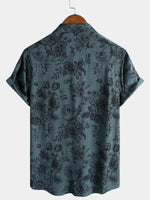 Vintage Blue Floral Vacation Style Short Sleeve Shirt