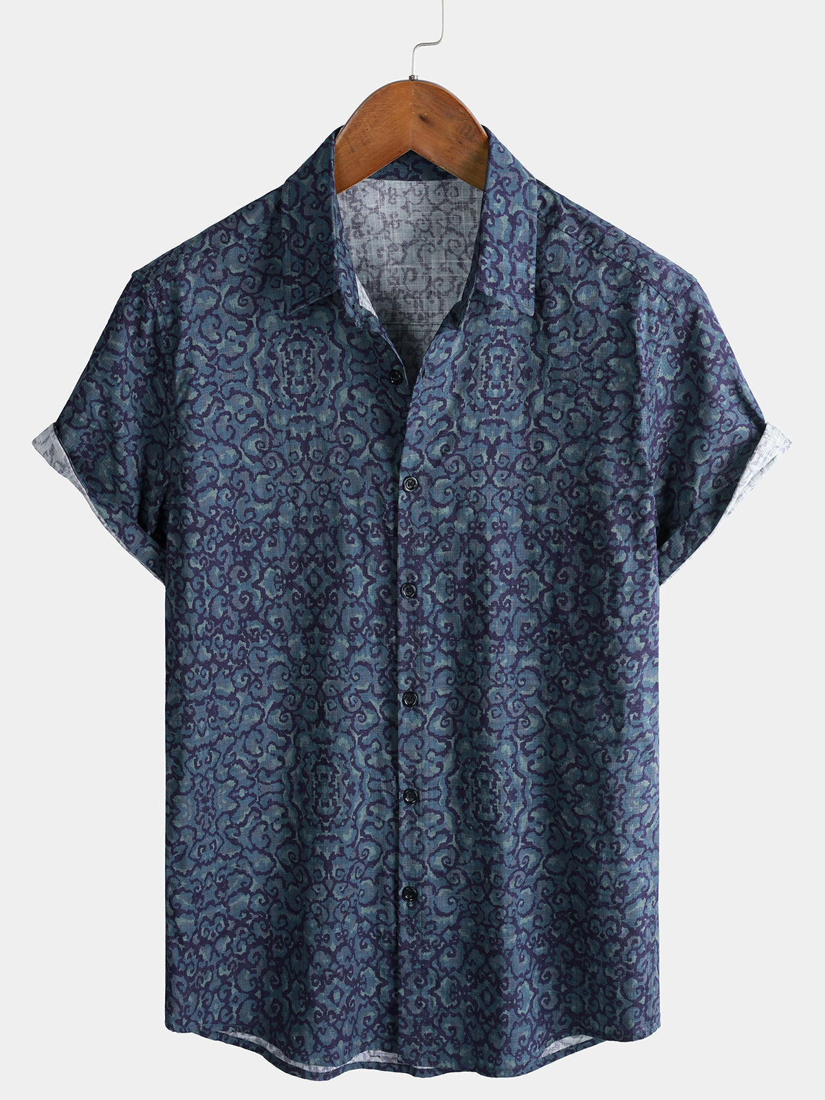 Retro Casual Blue Pattern Short Sleeve Shirt