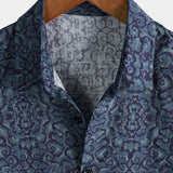 Retro Casual Blue Pattern Short Sleeve Shirt