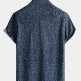 Retro Casual Blue Pattern Short Sleeve Shirt
