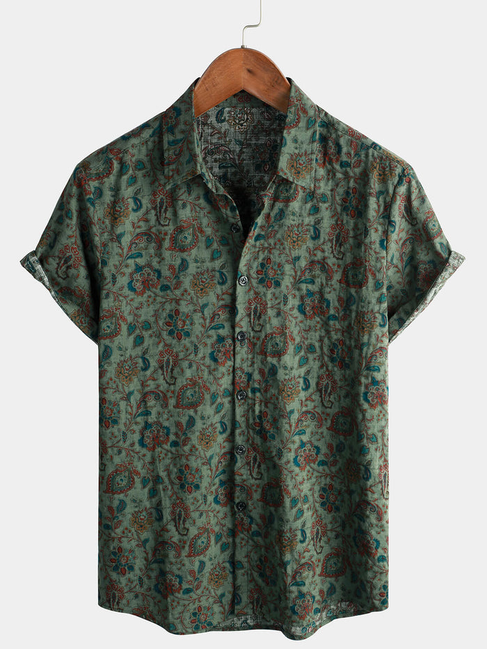 Short-Sleeve Vintage Button-Up Print Retro 70s Shirt