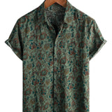 Vintage Green 70s Retro Paisley Button Short-Sleeve Cotton Shirt for Men