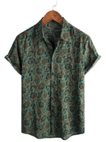 Vintage Green 70s Retro Paisley Button Short-Sleeve Cotton Shirt for Men
