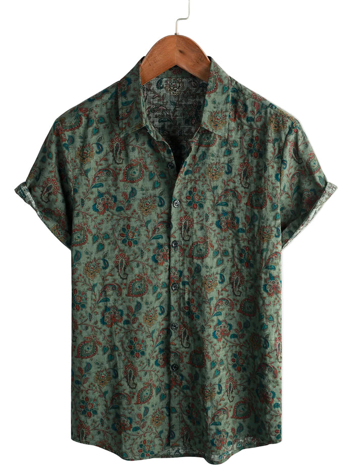 Vintage Green 70s Retro Paisley Button Short-Sleeve Cotton Shirt for Men