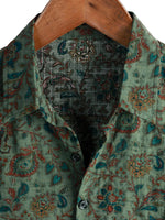 Vintage Green 70s Retro Paisley Button Short-Sleeve Cotton Shirt for Men
