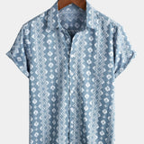 Vintage Summer Retro Blue Button-Up Short Sleeve Shirt