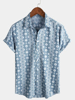 Vintage Summer Retro Blue Button-Up Short Sleeve Shirt