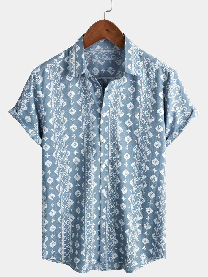 Vintage Summer Retro Blue Button-Up Short Sleeve Shirt