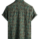 Vintage Green 70s Retro Paisley Button Short-Sleeve Cotton Shirt for Men
