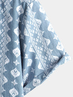 Vintage Summer Retro Blue Button-Up Short Sleeve Shirt