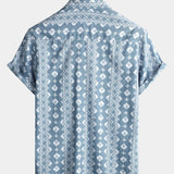 Vintage Summer Retro Blue Button-Up Short Sleeve Shirt