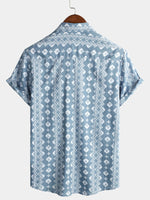 Vintage Summer Retro Blue Button-Up Short Sleeve Shirt