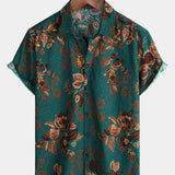 Button-Up Short Sleeve Vintage Green Shirt with Hawaiian Flowers