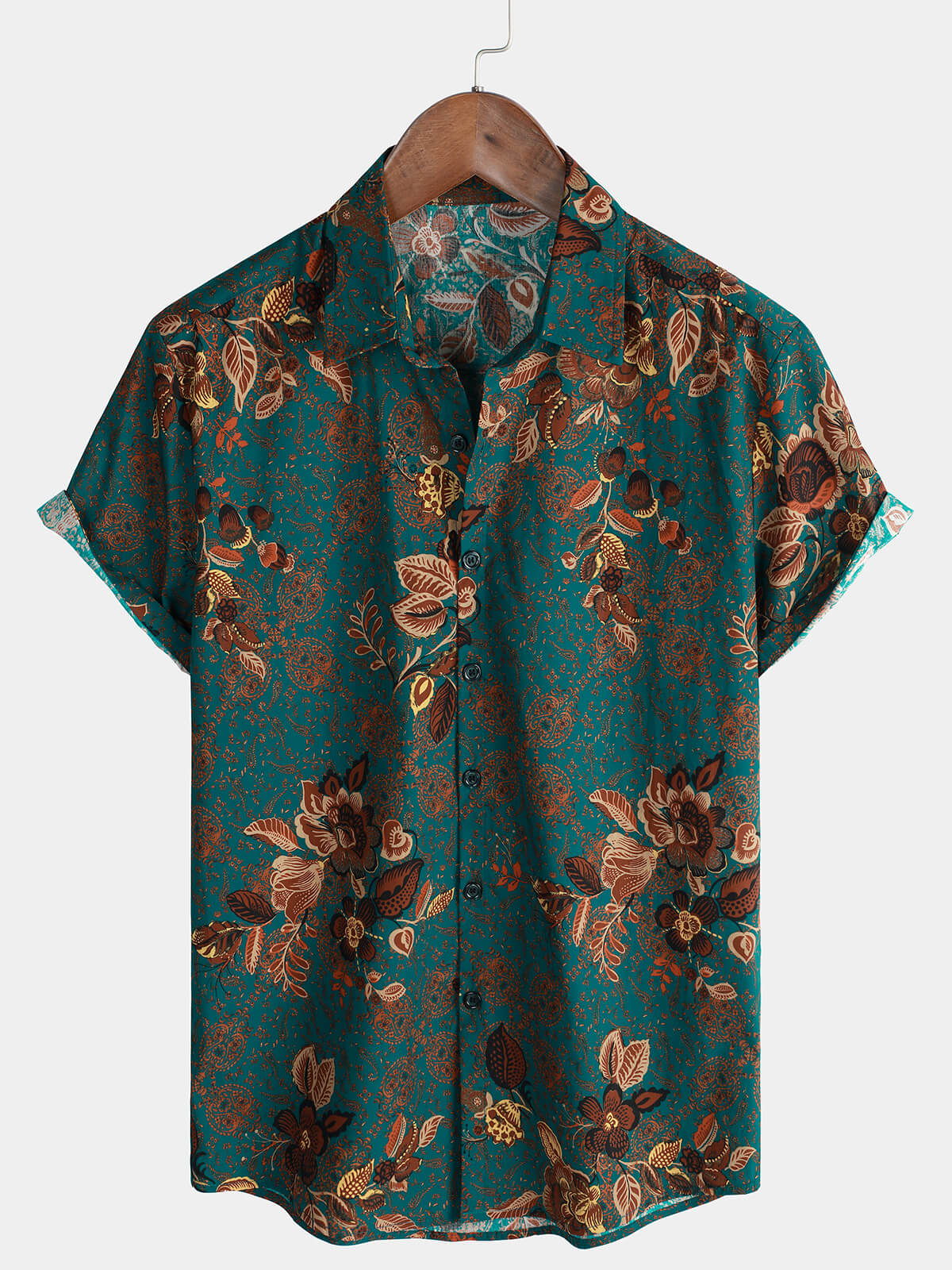 Button-Up Short Sleeve Vintage Green Shirt with Hawaiian Flowers