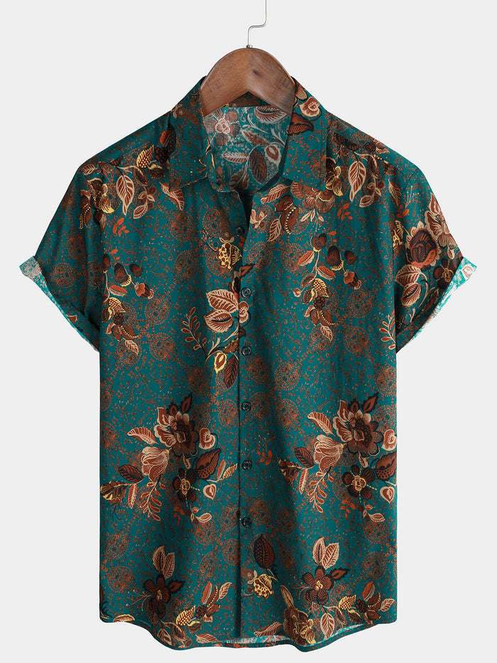 Button-Up Short Sleeve Vintage Green Shirt with Hawaiian Flowers