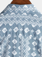 Vintage Summer Retro Blue Button-Up Short Sleeve Shirt