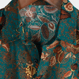 Button-Up Short Sleeve Vintage Green Shirt with Hawaiian Flowers